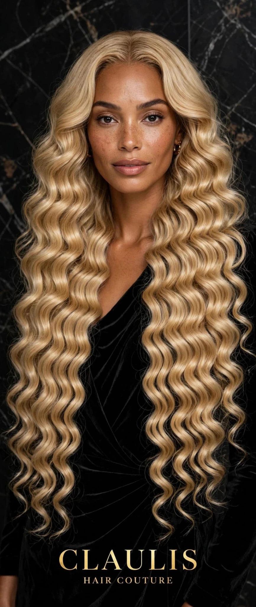 Light Golden Blonde Curly Clip-On Hair Extensions - CLAUALIS HAIR COUTURE