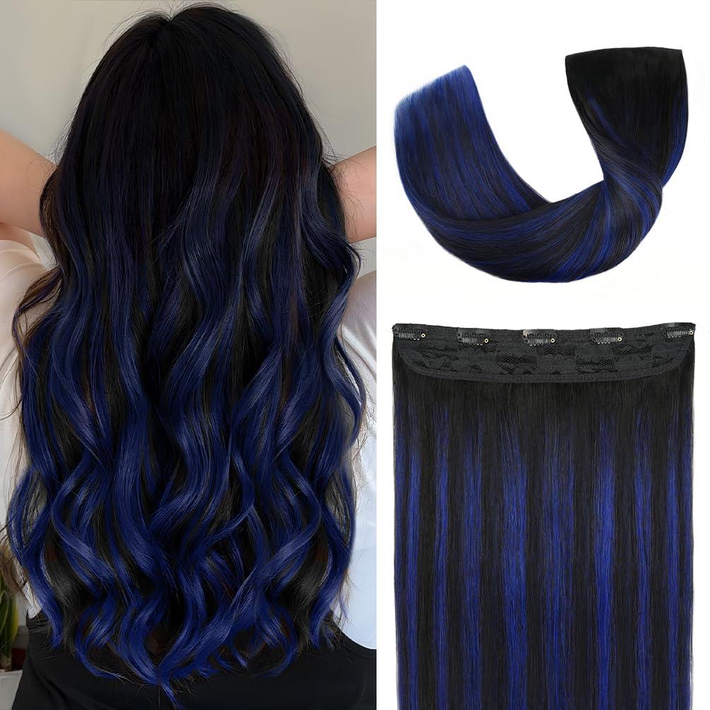 Winsky Hair Extensions Real Human Hair - One Piece Blue Balayage Remy Hair Extensions Clip on 70gram for Women (16inch 1BTBlueP1B) - CLAUALIS HAIR COUTURE